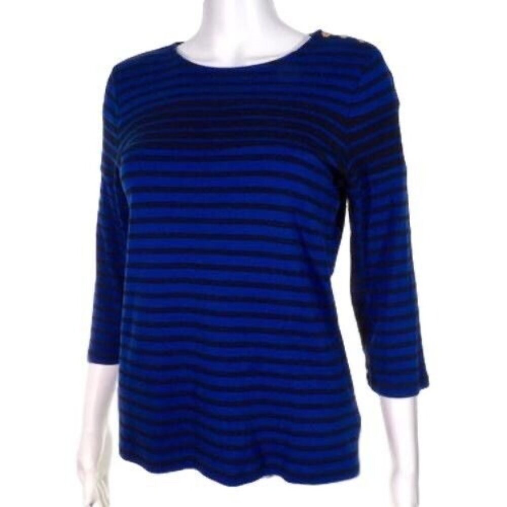 Charter Club Womens L Striped Blue & Black Pullover Top With Gold Button Accents